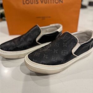 Louis Vuitton Black and White Monogram Leather Slip-On Sneakers